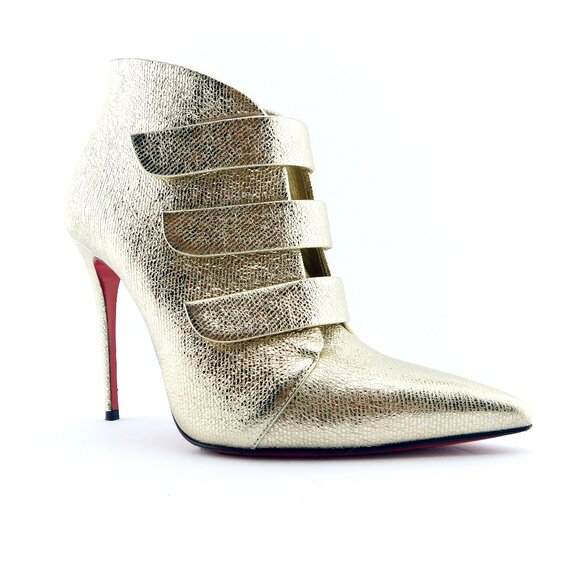CHRISTIAN LOUBOUTIN Platinum Shimmer Foil Leather Strap Ankle Boots Heels 37 - Picture 2 of 10